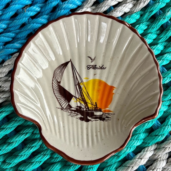Other - Florida Shell-Shaped Decorative Dish Featuring a Sailboat and a bird.